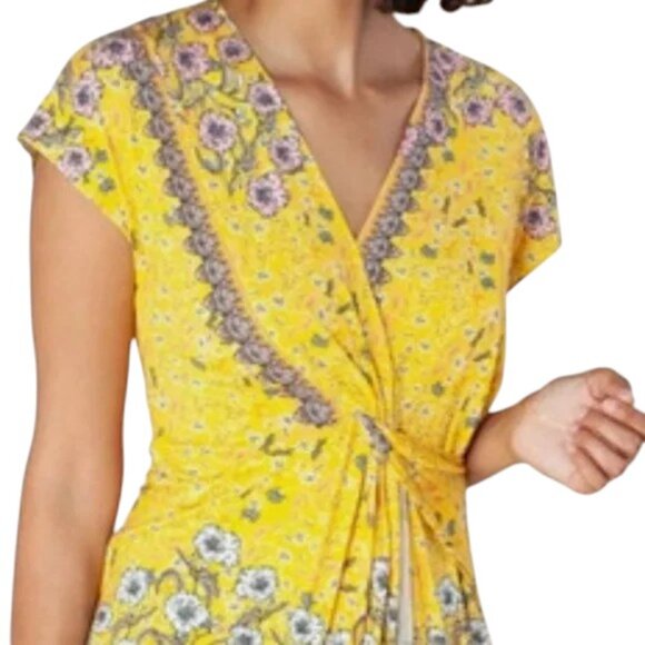 Hale Bob Yellow Evolet Floral Asymmetrical Twist Blouse Size Large 41166 - Picture 2 of 10